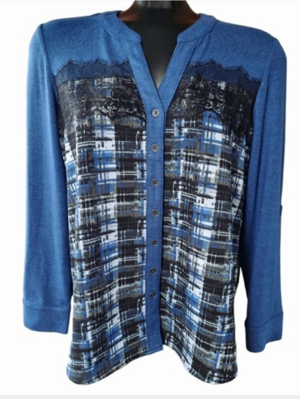 Northern Reflections Mixed- Media Plaid Button-Front Blouse Top Size M Petite